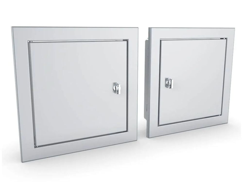 Sunstone BA-SD12 12x12 beveled stainless steel utility access door, set of two doors shown at angle.