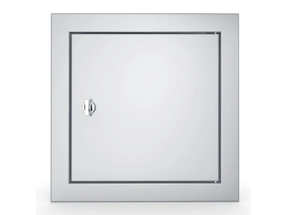 Front view of Sunstone BA-SD12 12x12 beveled stainless steel utility access door with chrome latch.