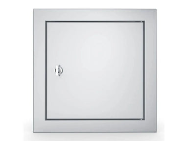 Front view of Sunstone BA-SD12 12x12 beveled stainless steel utility access door with chrome latch.