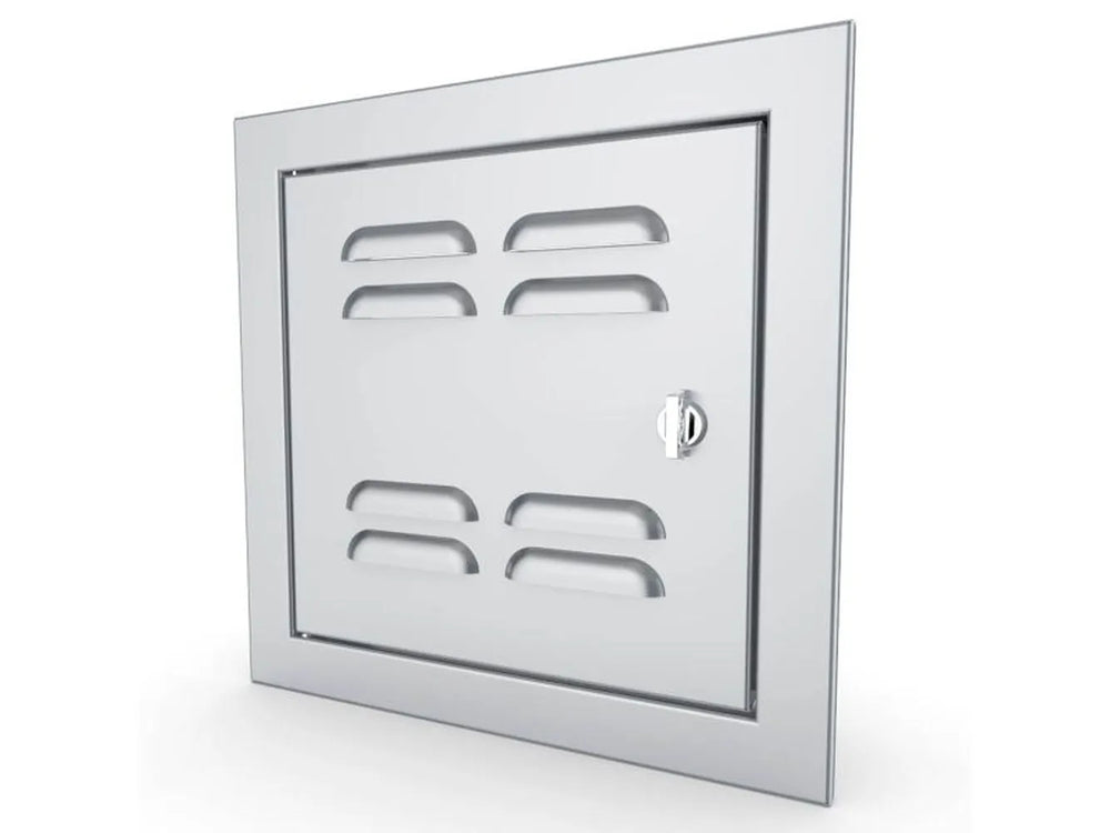 Angled view of Sunstone BA-VSDL12 12x12 vented stainless utility door, left-hinge design with beveled trim and locking latch.