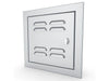 Angled view of Sunstone BA-VSDL12 12x12 vented stainless utility door, left-hinge design with beveled trim and locking latch.