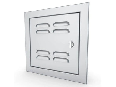 Angled view of Sunstone BA-VSDL12 12x12 vented stainless utility door, left-hinge design with beveled trim and locking latch.