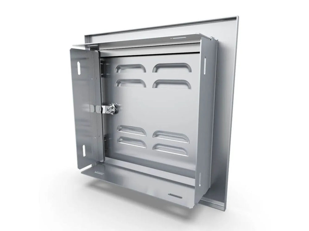 Rear view of Sunstone BA-VSDL12 vented 12x12 utility door showing mounting frame, hinge bracket, and latch hardware.