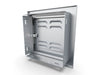 Rear view of Sunstone BA-VSDL12 vented 12x12 utility door showing mounting frame, hinge bracket, and latch hardware.