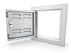 Sunstone BA-VSDL12 12x12 vented utility door open, showing stainless cutout frame, left hinge, and locking latch assembly.