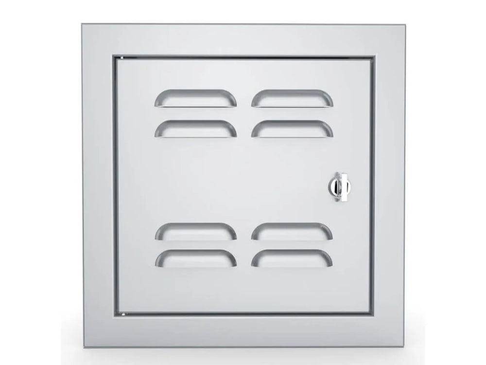 Front view of Sunstone BA-VSDL12 12x12 vented utility access door, beveled stainless frame with latch for outdoor kitchen islands.