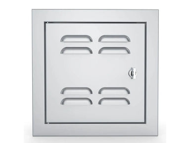 Front view of Sunstone BA-VSDL12 12x12 vented utility access door, beveled stainless frame with latch for outdoor kitchen islands.
