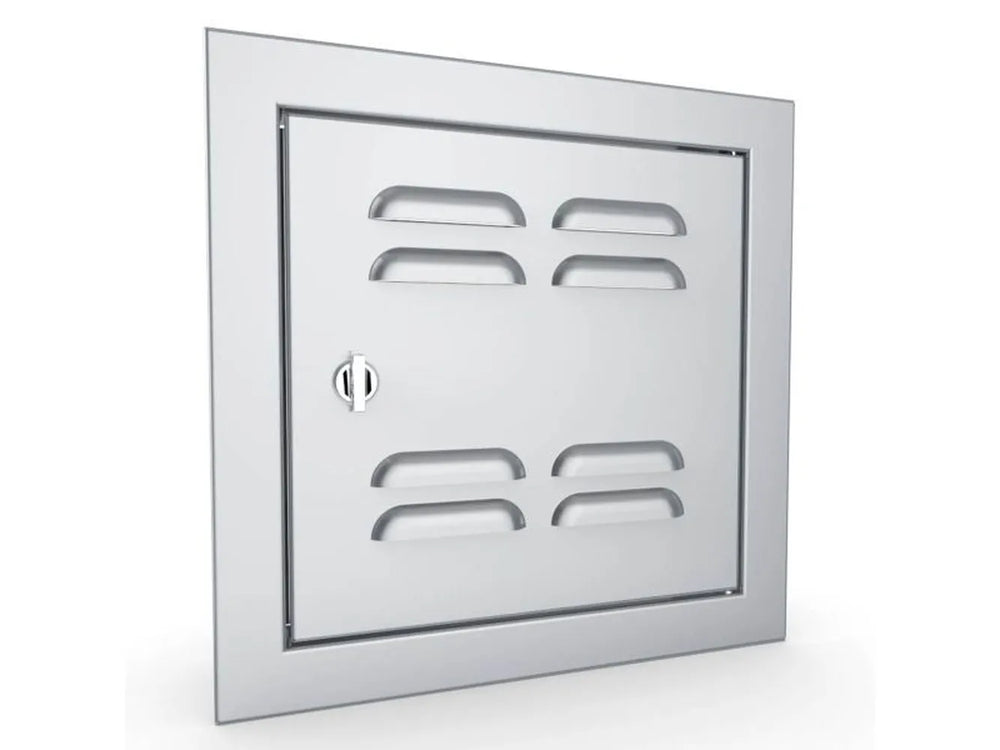 Angled view of Sunstone BA-VSDR12 12x12 vented stainless utility door, right-hinged design with beveled trim.