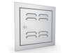 Angled view of Sunstone BA-VSDR12 12x12 vented stainless utility door, right-hinged design with beveled trim.