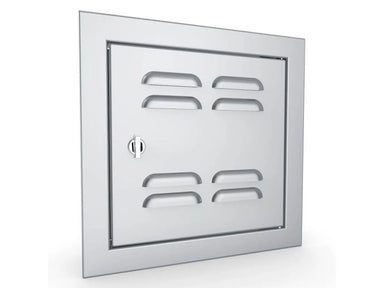 Angled view of Sunstone BA-VSDR12 12x12 vented stainless utility door, right-hinged design with beveled trim.