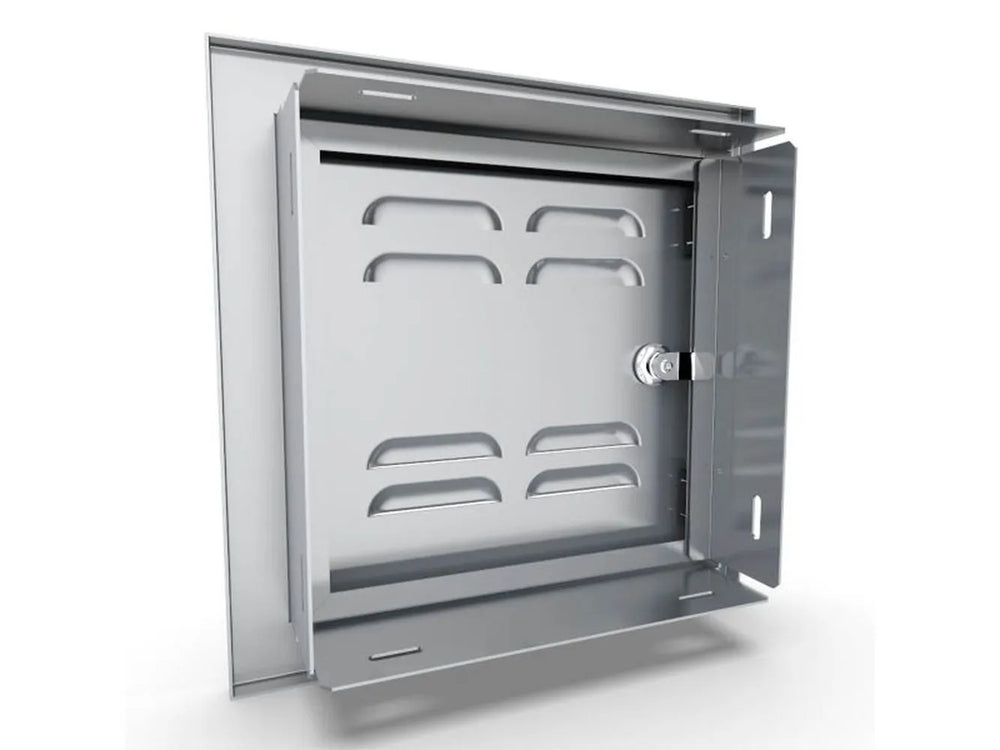 Rear view of Sunstone BA-VSDR12 vented 12x12 utility door showing mounting frame, hinge bracket, and latch hardware.