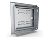 Rear view of Sunstone BA-VSDR12 vented 12x12 utility door showing mounting frame, hinge bracket, and latch hardware.