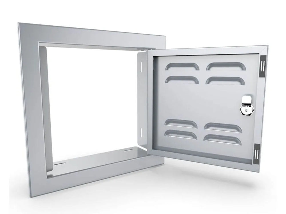 Sunstone BA-VSDR12 12x12 vented utility door open, showing stainless cutout frame, right hinge, and latch assembly.