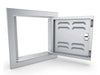 Sunstone BA-VSDR12 12x12 vented utility door open, showing stainless cutout frame, right hinge, and latch assembly.