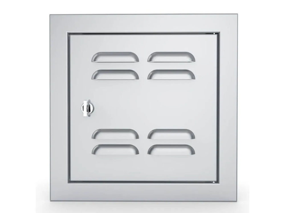 Front view of Sunstone BA-VSDR12 12x12 vented utility access door, beveled stainless frame with locking latch, right-hinge.