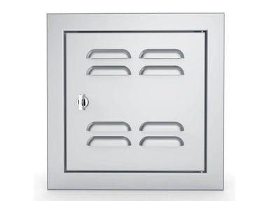 Front view of Sunstone BA-VSDR12 12x12 vented utility access door, beveled stainless frame with locking latch, right-hinge.