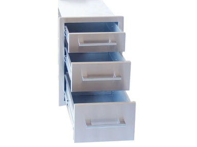 Sunstone BA-TD18 triple stainless steel access drawer with all three drawers extended, showing deep storage and smooth slide rails.