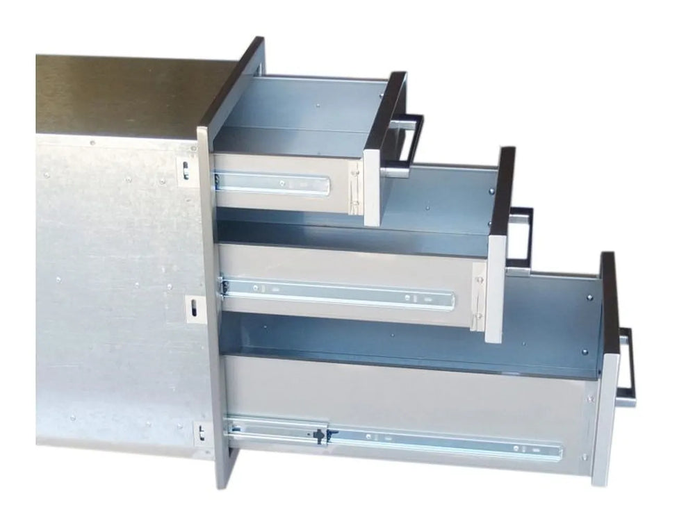 Side view of Sunstone BA-TD18 18-inch soft-close triple drawer showing full-extension slides and stainless steel drawer box construction.