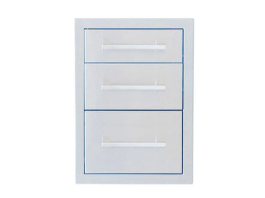 Sunstone BA-TD18 18" soft-close triple access drawer in 304 stainless steel with three stacked drawers and horizontal pull handles.