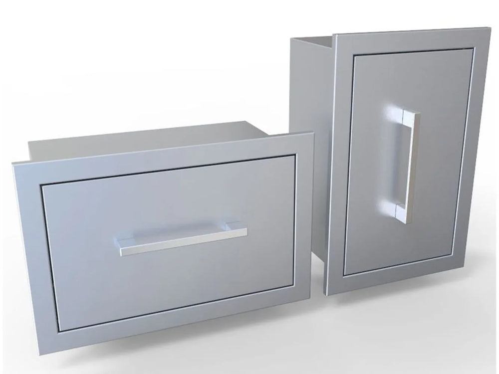 Sunstone BA-TH17 stainless paper towel holder shown with trim frame and swivel dispenser door for outdoor kitchens.