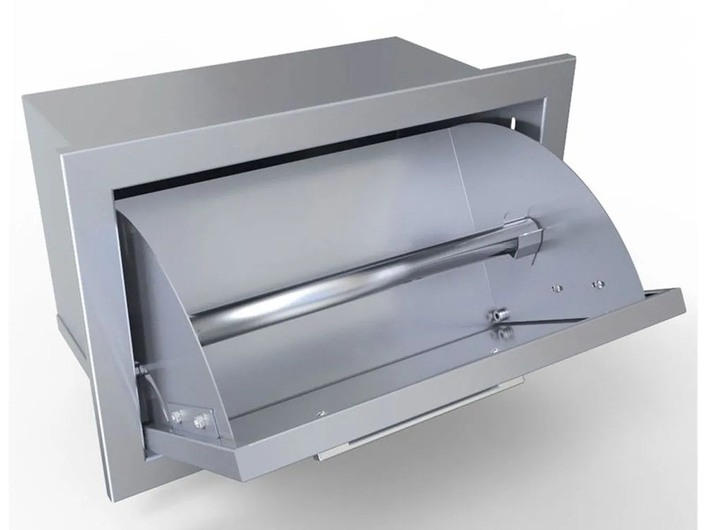 Sunstone BA-TH17 swivel paper towel holder open view, 304 stainless steel built-in dispenser for outdoor kitchen islands.