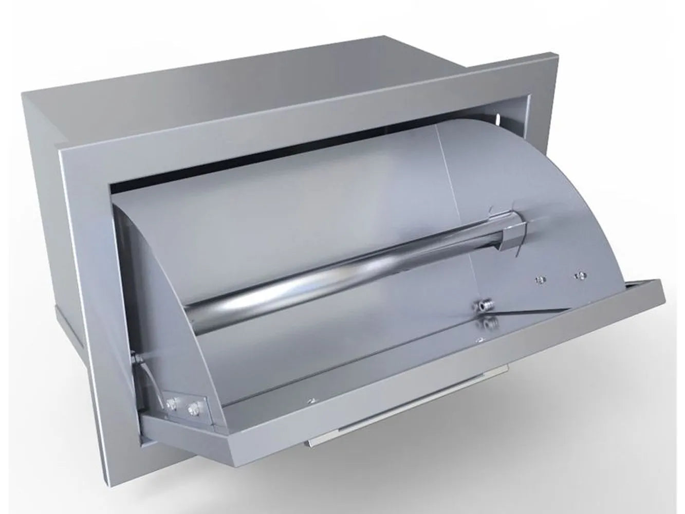 Sunstone BA-TH17 swivel paper towel holder open view, 304 stainless steel built-in dispenser for outdoor kitchen islands.