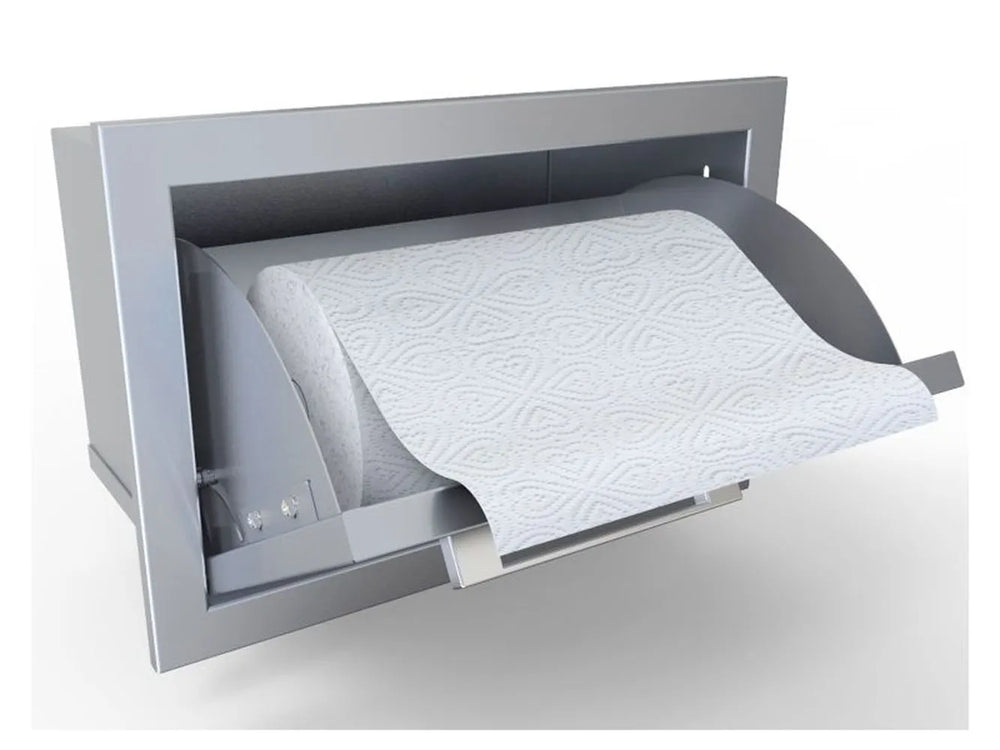 Sunstone BA-TH17 304 stainless swivel paper towel holder with paper towel roll installed, built-in outdoor kitchen dispenser.