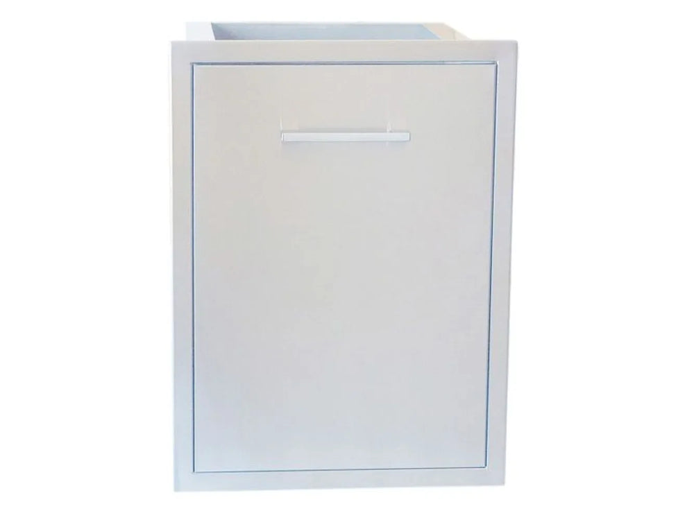 Sunstone BA-TRD2027 stainless steel trash drawer front view, outdoor kitchen pull-out waste cabinet with soft-close.