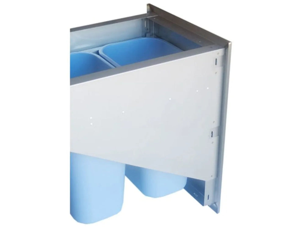 Sunstone BA-TRD2027 pull-out trash drawer showing two blue waste bins inside stainless outdoor kitchen cabinet.