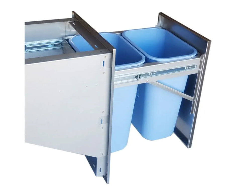 Sunstone BA-TRD2027 stainless trash drawer extended, dual-bin pull-out system for outdoor kitchen islands.