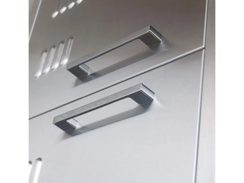 Close-up of Sunstone BA-VDD30 stainless steel bar handles on vented double access doors for outdoor kitchen storage.