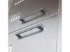 Close-up of Sunstone BA-VDD30 stainless steel bar handles on vented double access doors for outdoor kitchen storage.