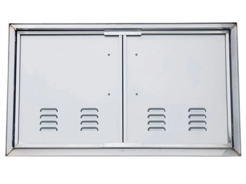 Back view of Sunstone BA-VDD30 30" vented double access door showing 304 stainless steel construction, vent openings, and mounting frame.