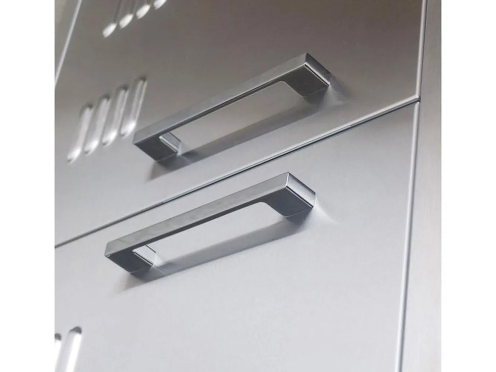 Close-up of Sunstone BA-VDD36 stainless steel bar handles on vented double access doors for outdoor kitchen storage.