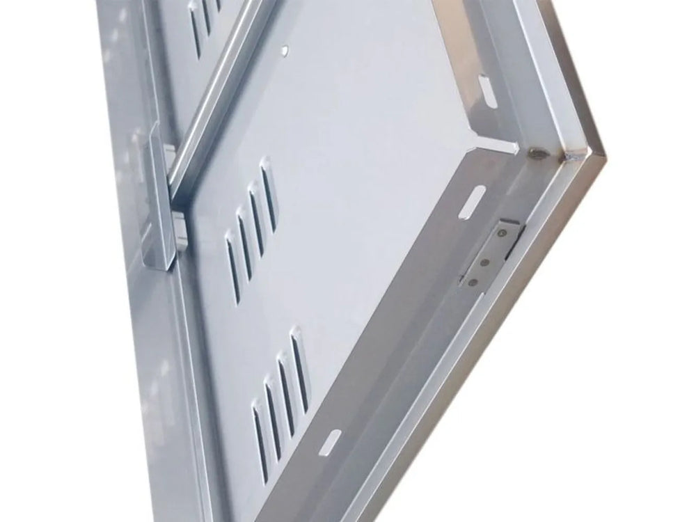 Close-up of Sunstone BA-VDD42 vented 304 stainless access door showing hinge, mounting flange, and vented panel cutouts.