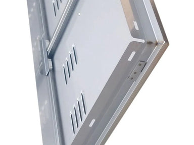 Close-up of Sunstone BA-VDD42 vented 304 stainless access door showing hinge, mounting flange, and vented panel cutouts.