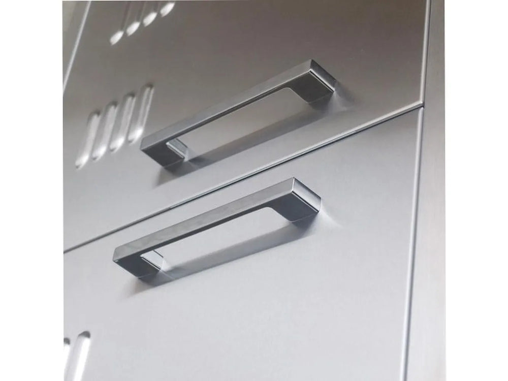 Close-up of Sunstone BA-VDD42 stainless steel bar handles on vented double access doors for outdoor kitchen storage.