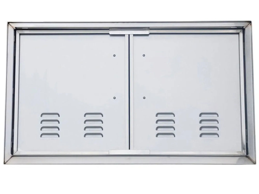 Back view of Sunstone BA-VDD42 42" vented double access door showing 304 stainless construction, vent openings, and mounting frame.
