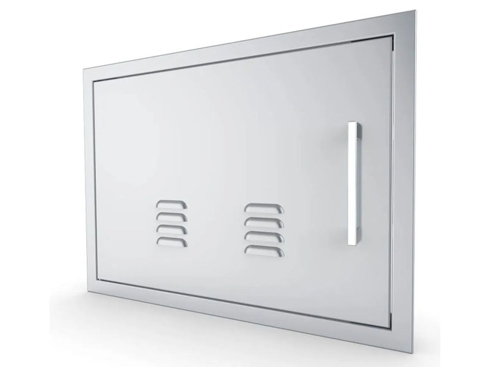 Angled view of Sunstone BA-VDHL1420 14x20 stainless vented door, beveled trim with left-hinge design for outdoor kitchens.