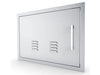 Angled view of Sunstone BA-VDHL1420 14x20 stainless vented door, beveled trim with left-hinge design for outdoor kitchens.