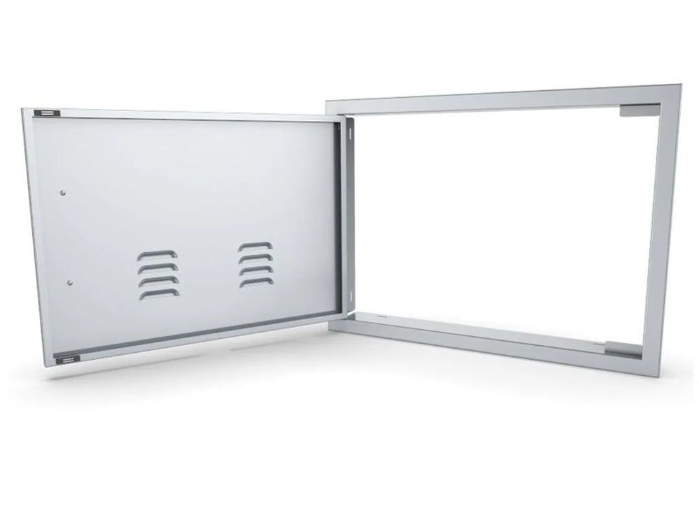 Sunstone BA-VDHL1420 14x20 vented door open, showing stainless cutout frame, left hinges, and installation flange.