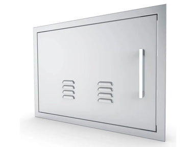 Angled view of Sunstone BA-VDHL1724 304 stainless left vented door, flush-mount frame with modern bar handle.