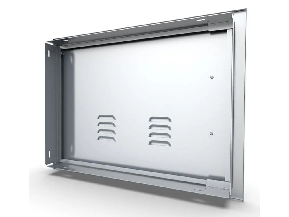 Rear/installation view of Sunstone BA-VDHR1724 304 stainless right vented door showing mounting frame depth and vented inner panel.