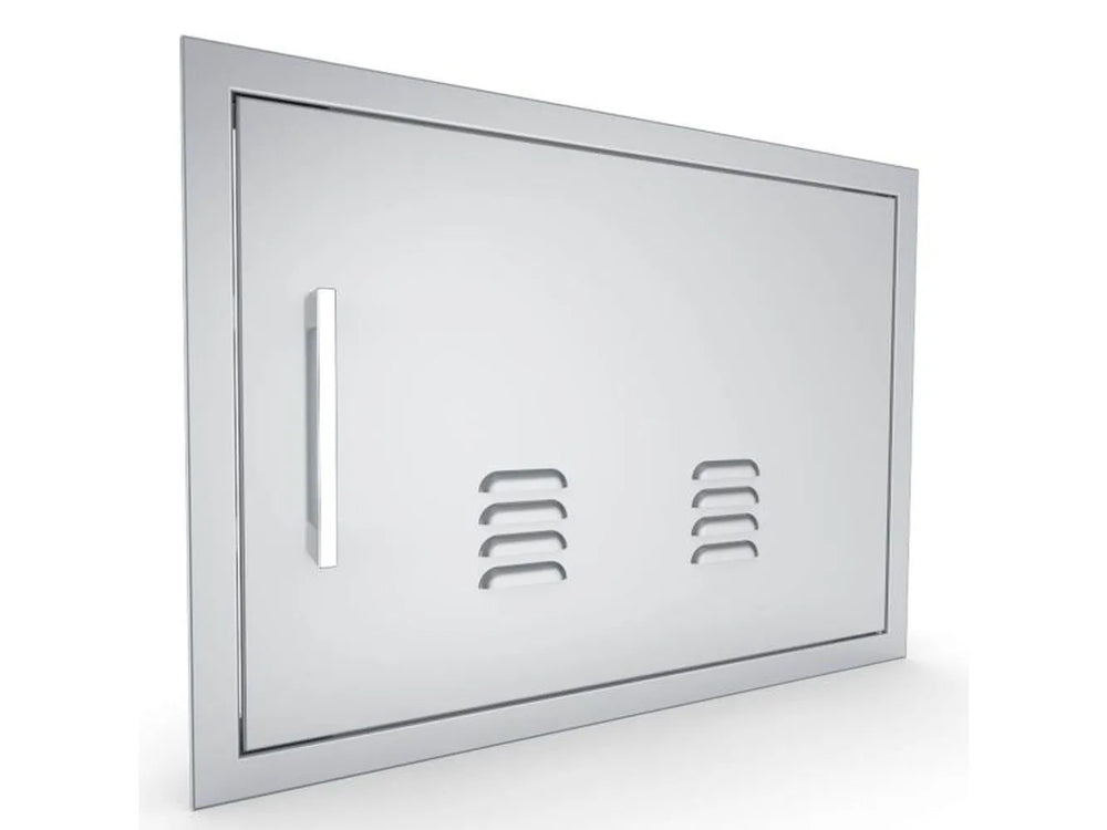 Angled front view of Sunstone BA-VDHR1724 right-hinge vented access door, flush-mount frame with modern bar handle.