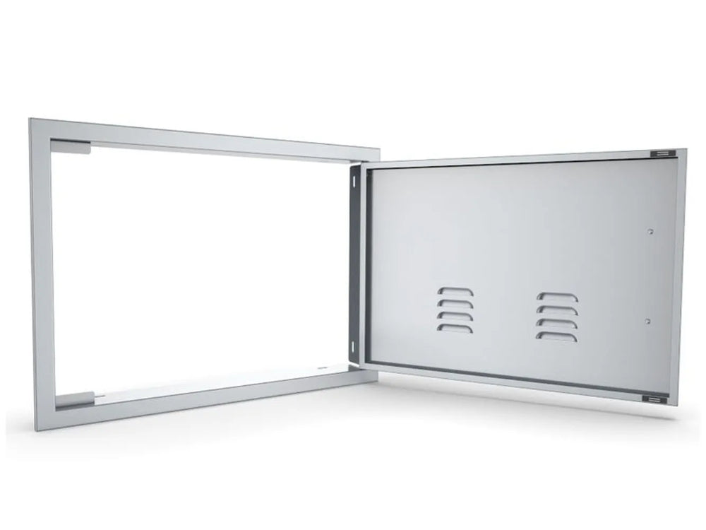 Sunstone BA-VDHR1724 right vented door open with separate trim frame, showing outdoor kitchen access panel installation.