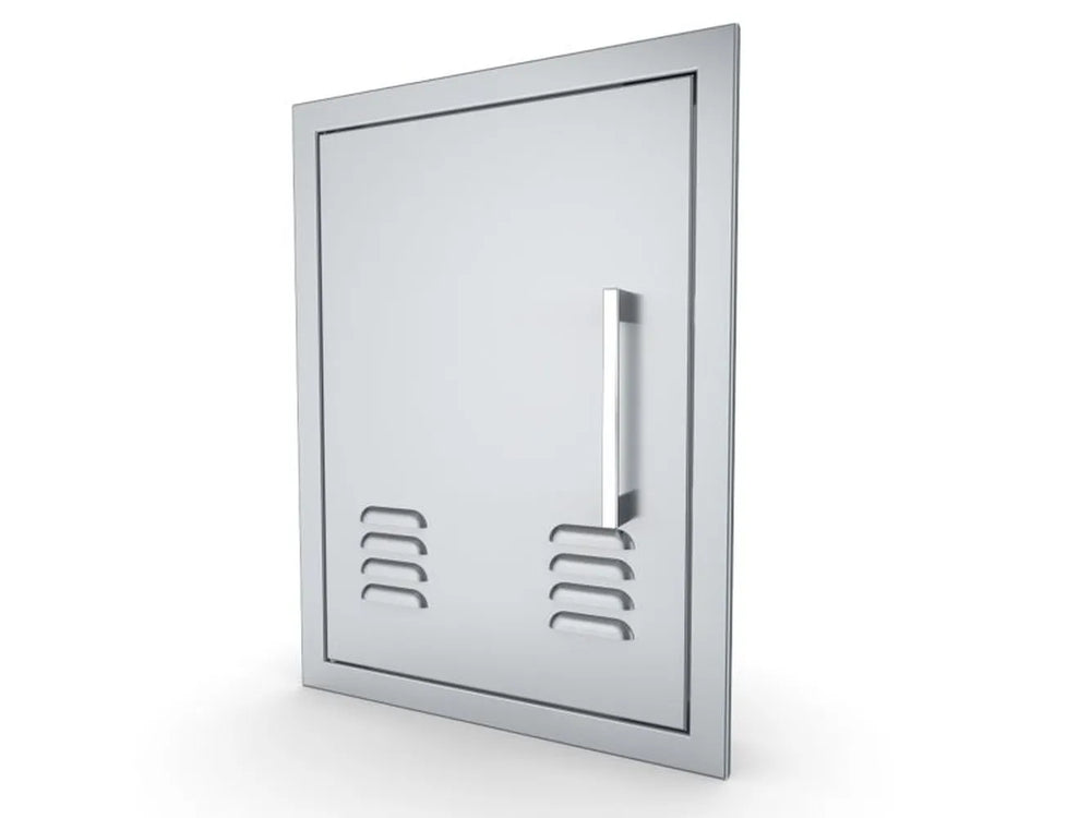 Sunstone BA-VDVL1420 vented door open, showing stainless mounting frame and inner vented panel for outdoor kitchen access.