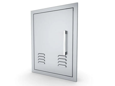 Sunstone BA-VDVL1420 vented door open, showing stainless mounting frame and inner vented panel for outdoor kitchen access.