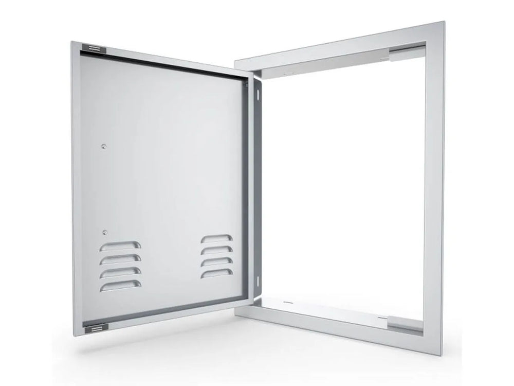 Angled view of Sunstone BA-VDVL1420 304 stainless left vertical vented door with flush-mount beveled trim.