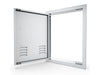 Angled view of Sunstone BA-VDVL1420 304 stainless left vertical vented door with flush-mount beveled trim.