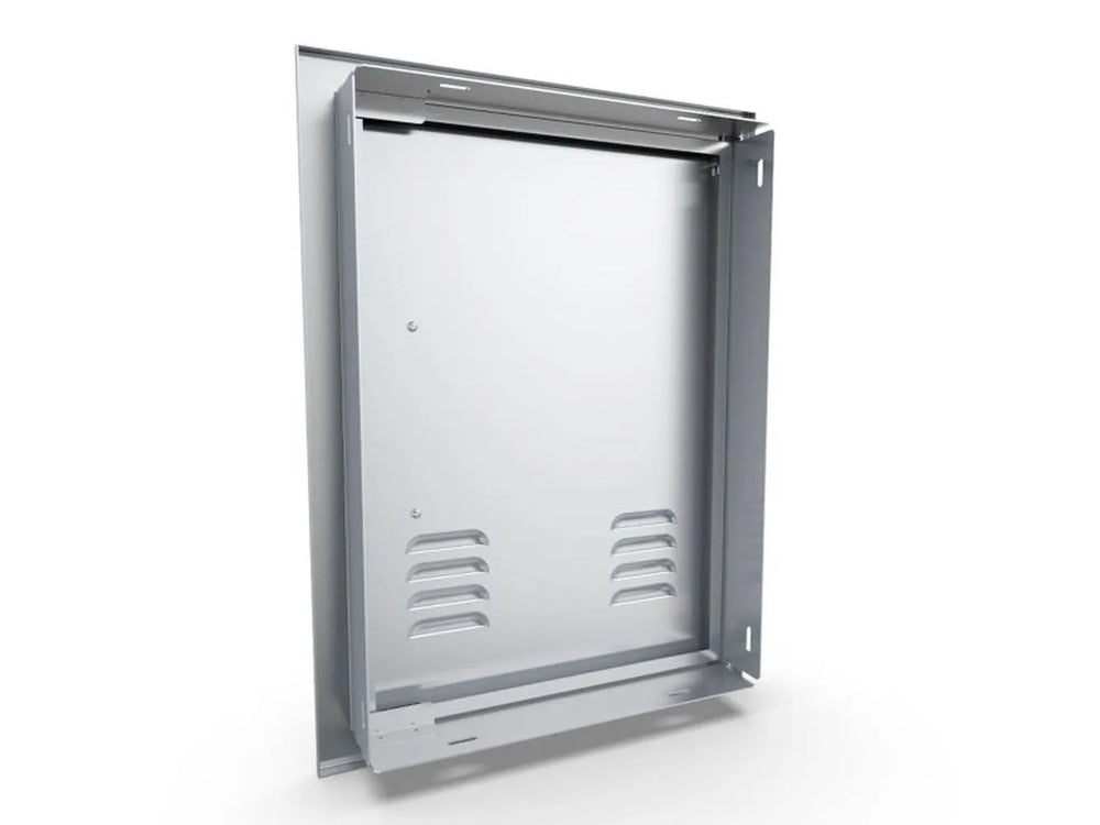 Rear view of Sunstone BA-VDVL1420 vented access door showing hinge bracket, mounting frame, and installation flange.